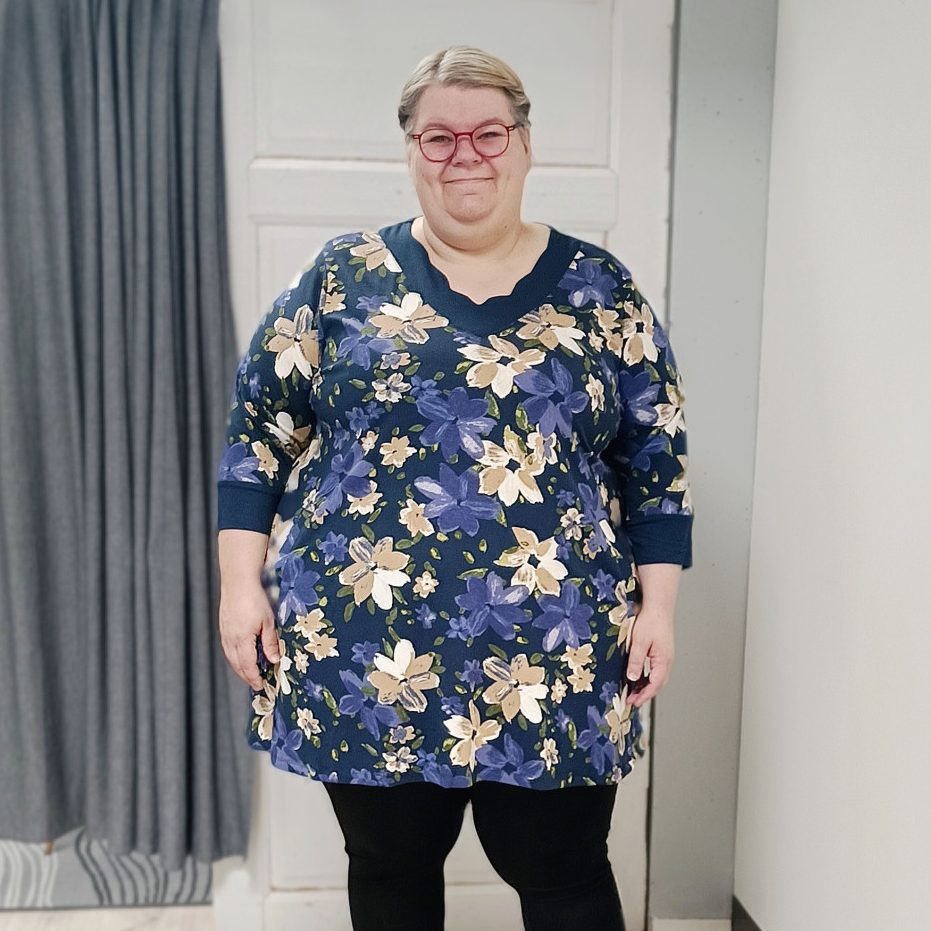 Kukallinen trikootunika kauniilla pääntiellä, sininen, Zhenzi